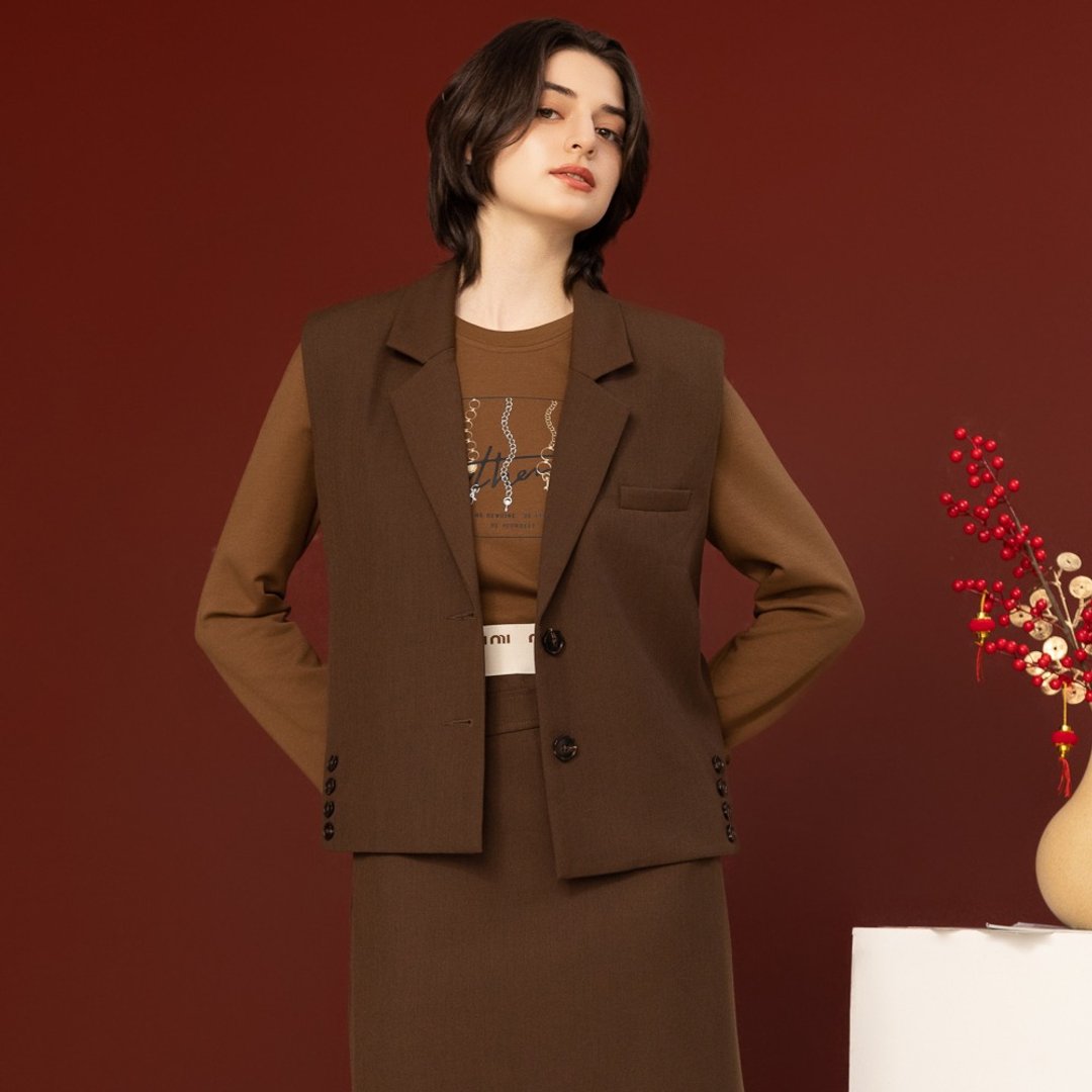 【MEDUSA】棕色翻领剪裁西装背心外套(M-XL) | 西装套装外套 嫘萦 - 女装西装外套/风衣 - 其他人造纤维 咖啡色