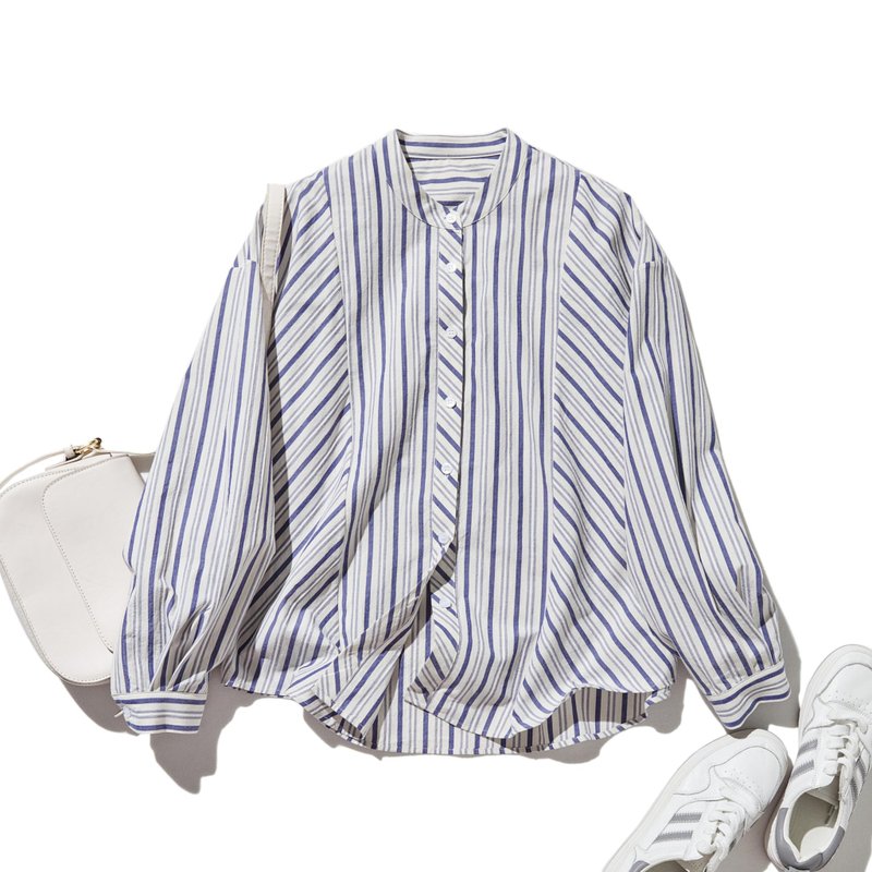 兼具实用与优雅的条纹衬衫 棉质提花条纹衬衫 蓝色 象牙白 250507-1 - 女装衬衫 - 棉．麻 