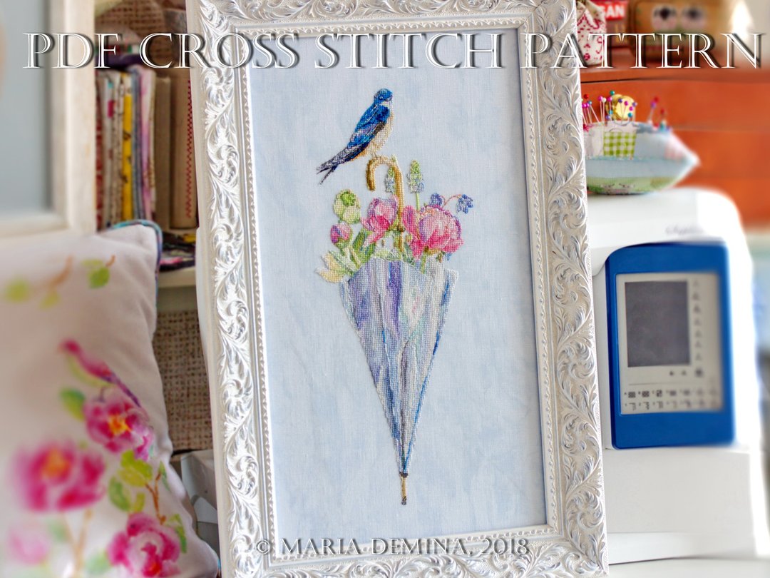 The Swallow, Flowers and Umbrella watercolor PDF cross stitch pattern - 手工艺教程/工具书 - 其他材质 