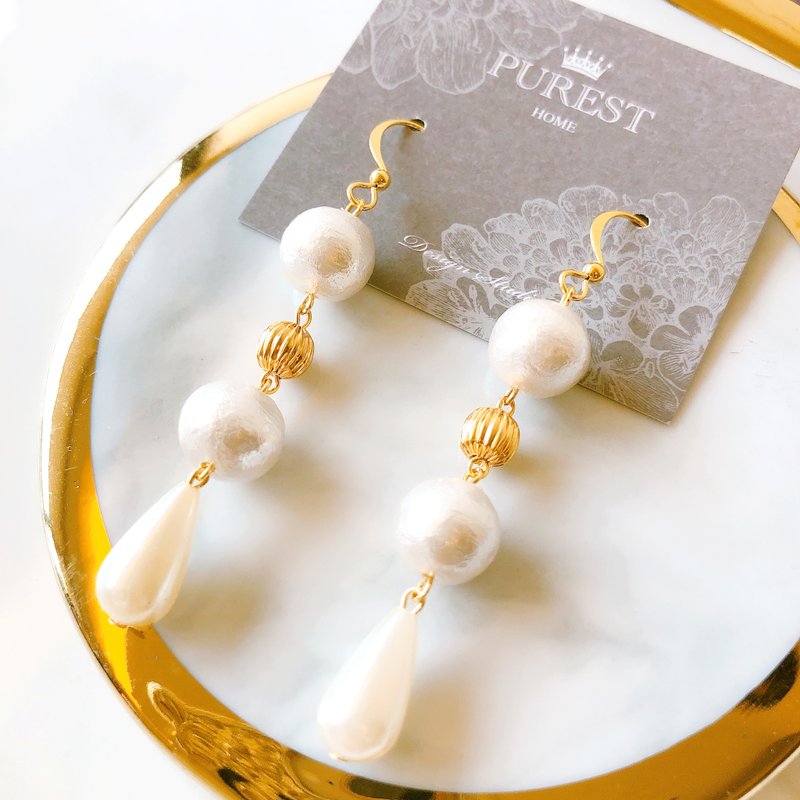 PUREST HOME 气质女神の日本棉珍珠-垂坠黄铜耳环 - 耳环/耳夹 - 其他材质 