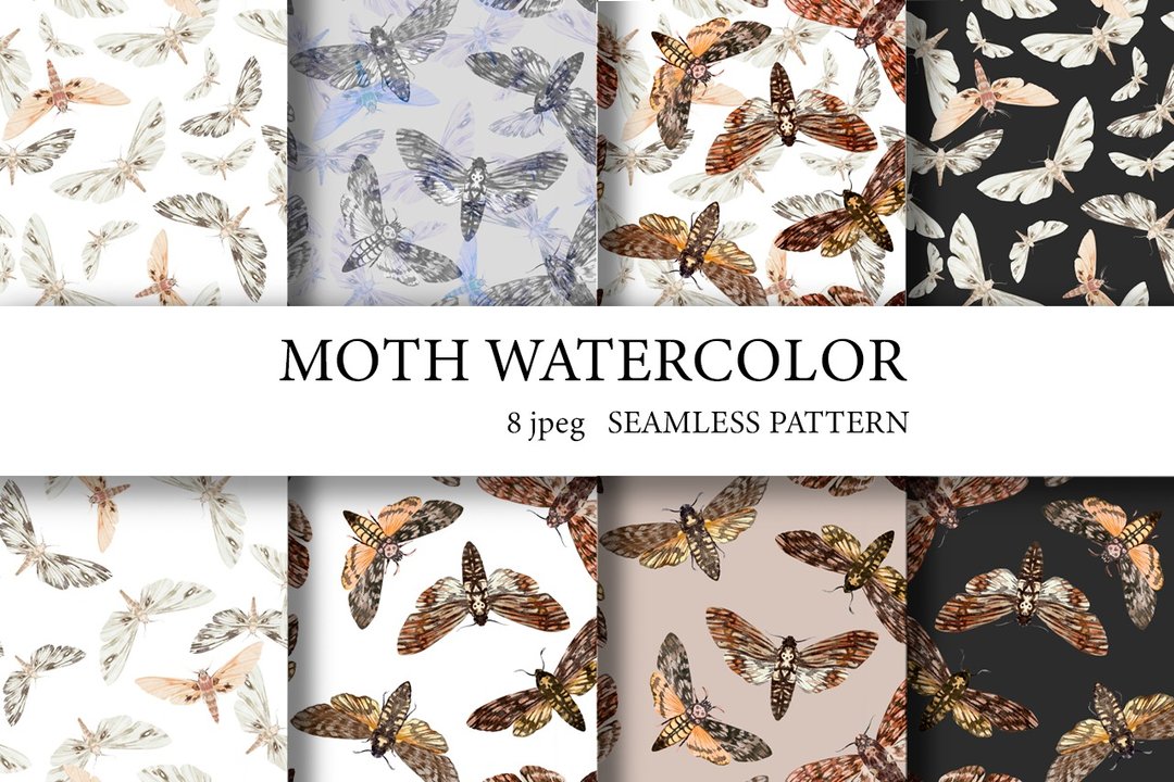 Night Moth. Watercolor Seamless Patterns, Butterfly Pattern. Digital Paper - 插画/绘画/写字 - 其他材质 