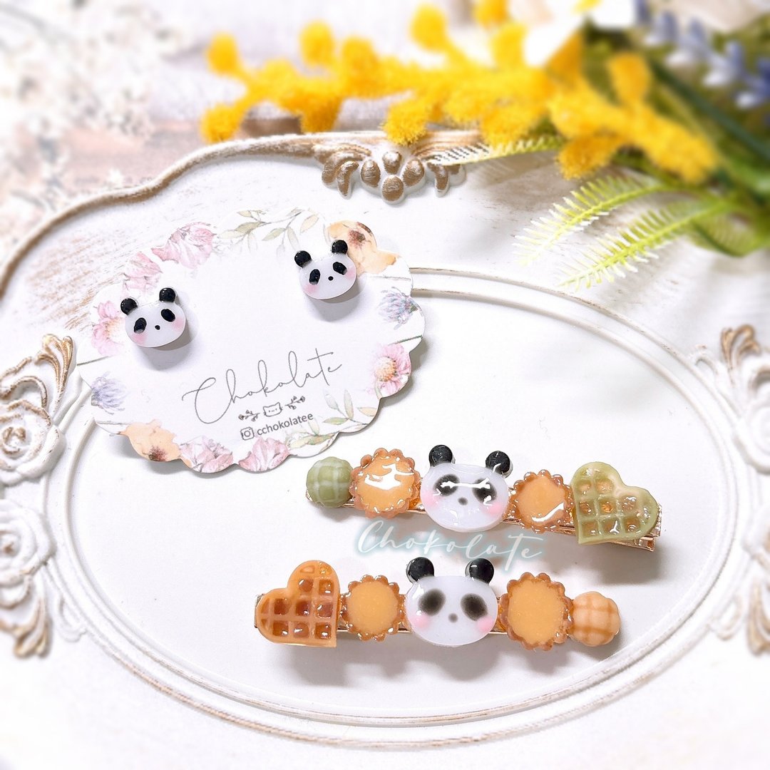 香港限定 蛋挞格仔饼菠萝包熊猫耳环 发夹 panda - 发饰 - 树脂 多色