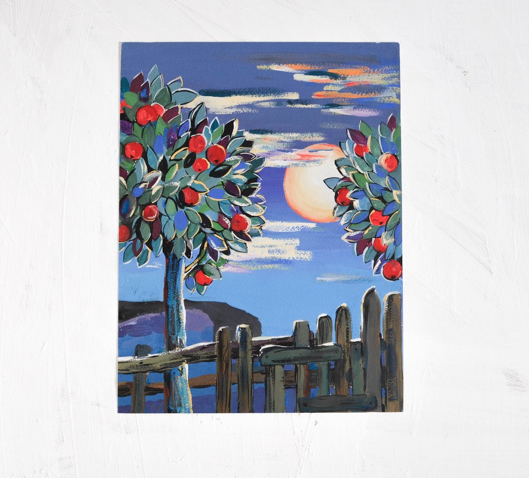 乡村原创水粉画风景可爱的一天行星艺术 24x31cm - 墙贴/壁贴 - 纸 蓝色