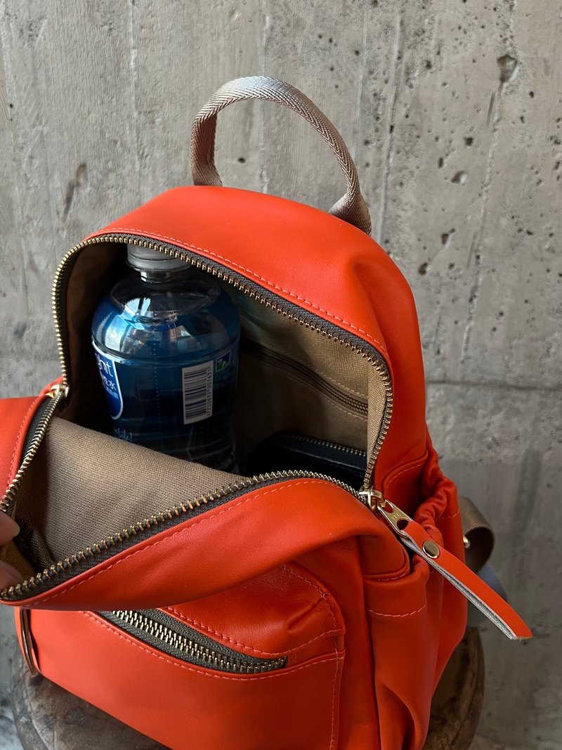 迷你后背包 亮橘 意大利小牛皮 真皮轻量 - 后背包/双肩包 - 真皮 橘色