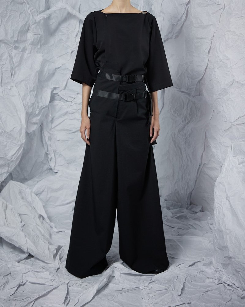 半马甲束腹宽裤 - 女装长裤 - 羊毛 黑色