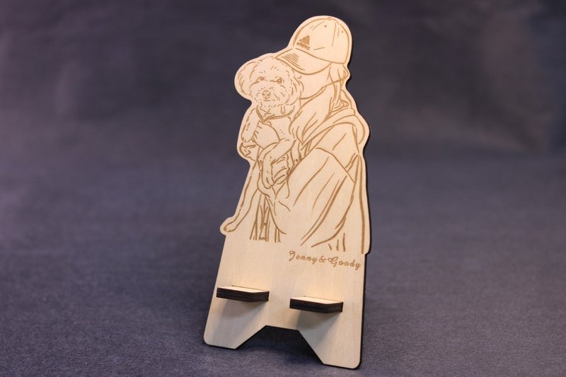 宠物定制化手机支架 似颜绘 手机架 人形立牌 雷雕文字 最佳礼物 - 手机座/防尘塞 - 木头 咖啡色