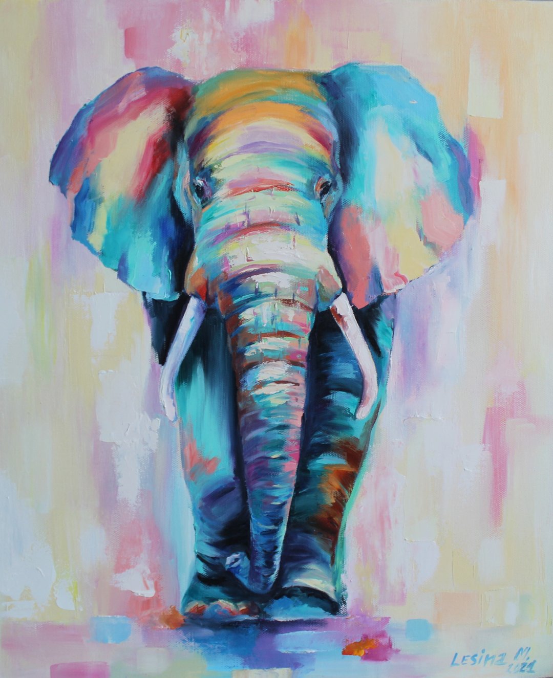 Colorful Elephant Painting Animals Original Art Canvas Elephant Oil Artwork - 墙贴/壁贴 - 其他材质 蓝色
