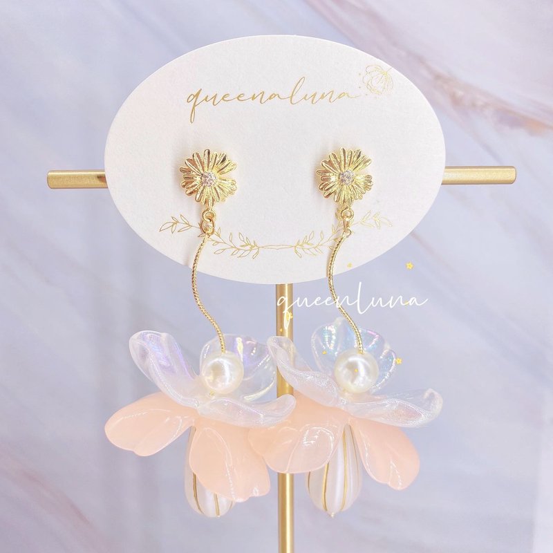 秋菊花瓣珍珠耳环 - 耳环/耳夹 - 其他材质 粉红色