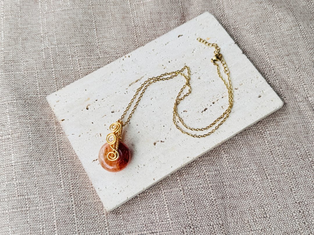 #230649 wire wrapping 胶花水晶 铜线 绕线 吊堕 - 项链 - 铜/黄铜 红色