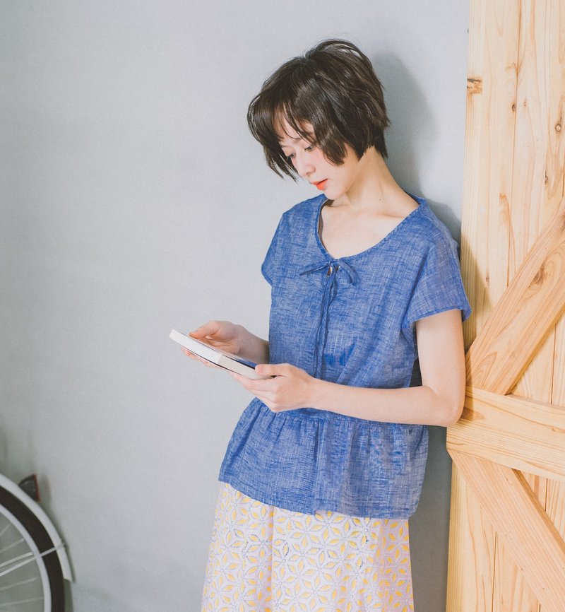 紫罗兰色绑带上衣 - 纯棉、透气、绑带、 夏日凉爽 - 女装上衣 - 棉．麻 蓝色