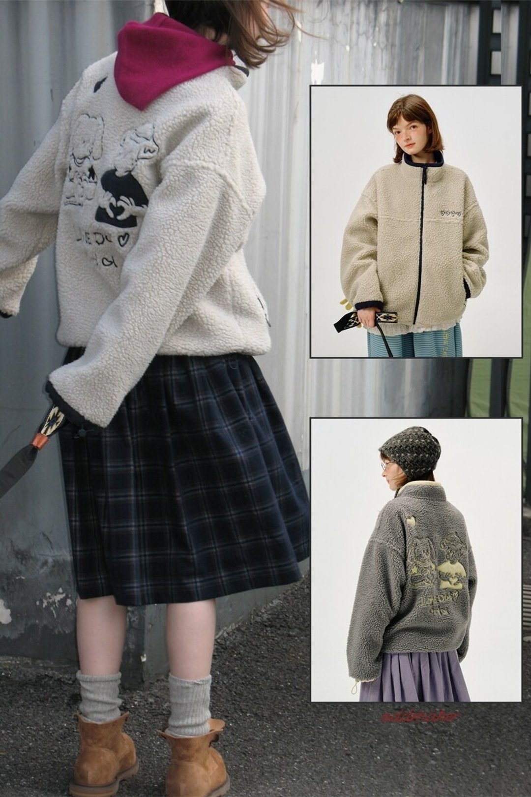 odd maker比心狗狗绣花撞色羊羔毛立领外套女冬季复古休闲上衣 - 女装上衣 - 其他人造纤维 