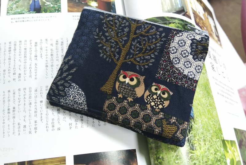 深蓝日系猫头鹰双拉链零钱包 卡片包 收纳包 - 零钱包 - 棉．麻 蓝色