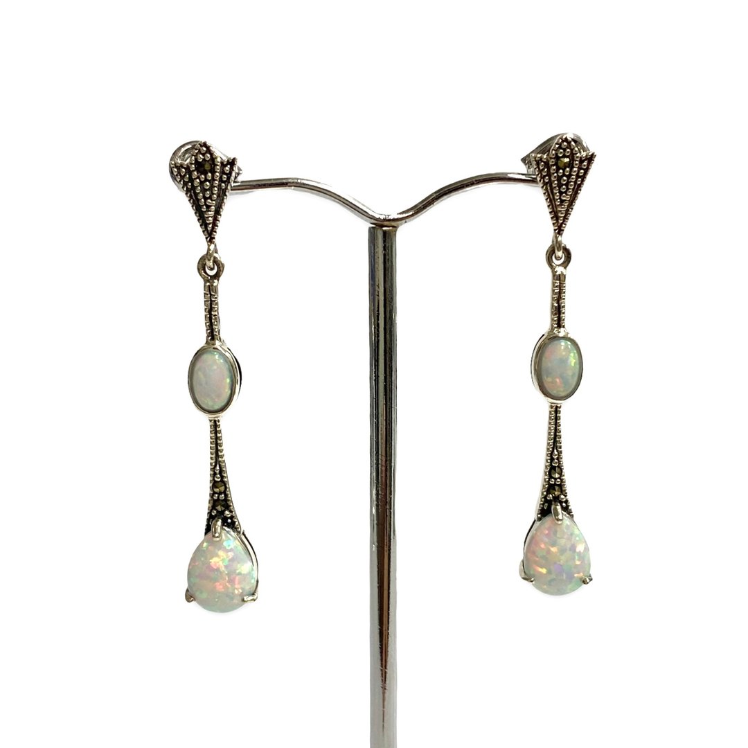 Art Deco Style Gilson Opal with Marcasite Long Drop Earrings 925 Sterling Silver - 耳环/耳夹 - 纯银 银色