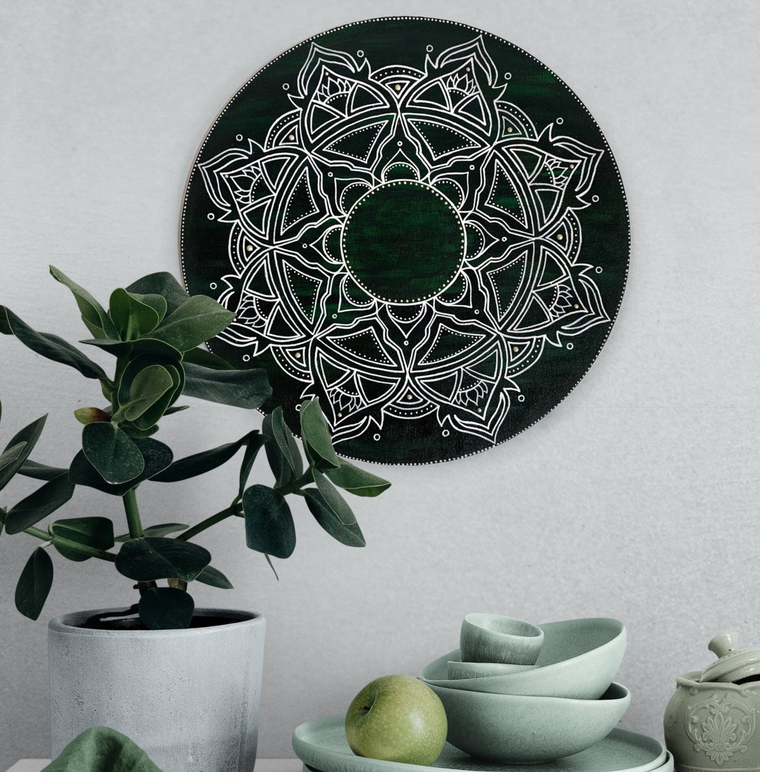 White green mandala Spiritual wall art Symmetrical pattern Meditation ethnic art - 墙贴/壁贴 - 压克力 绿色
