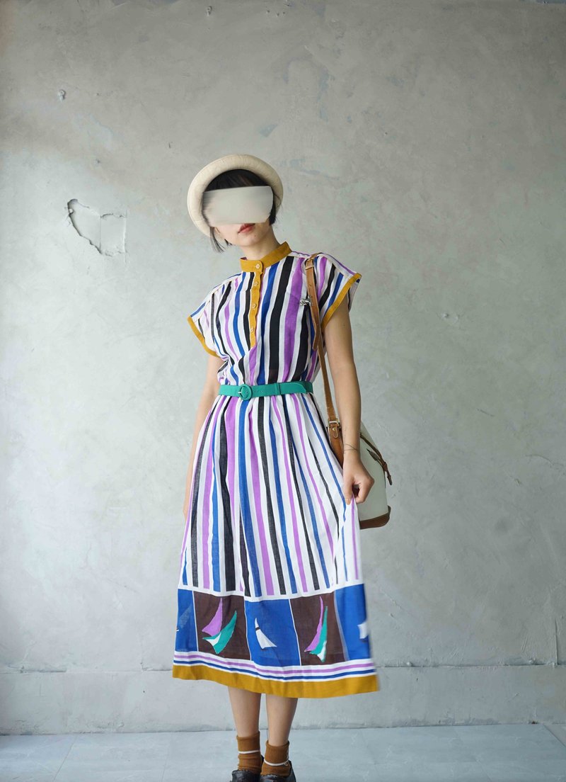 寻宝古着-夏日清爽彩色直纹连袖复古洋装 - 洋装/连衣裙 - 聚酯纤维 多色