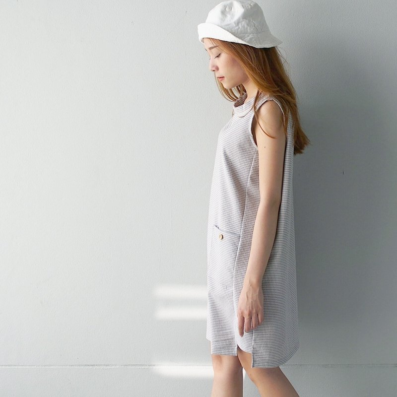 双口袋连身裙-灰色小格子 - 洋装/连衣裙 - 棉．麻 灰色