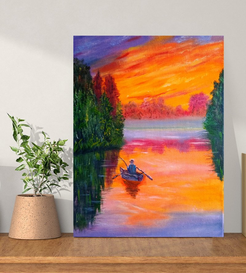 在画布上画小渔夫日落在河上30x40厘米 - 墙贴/壁贴 - 其他材质 多色