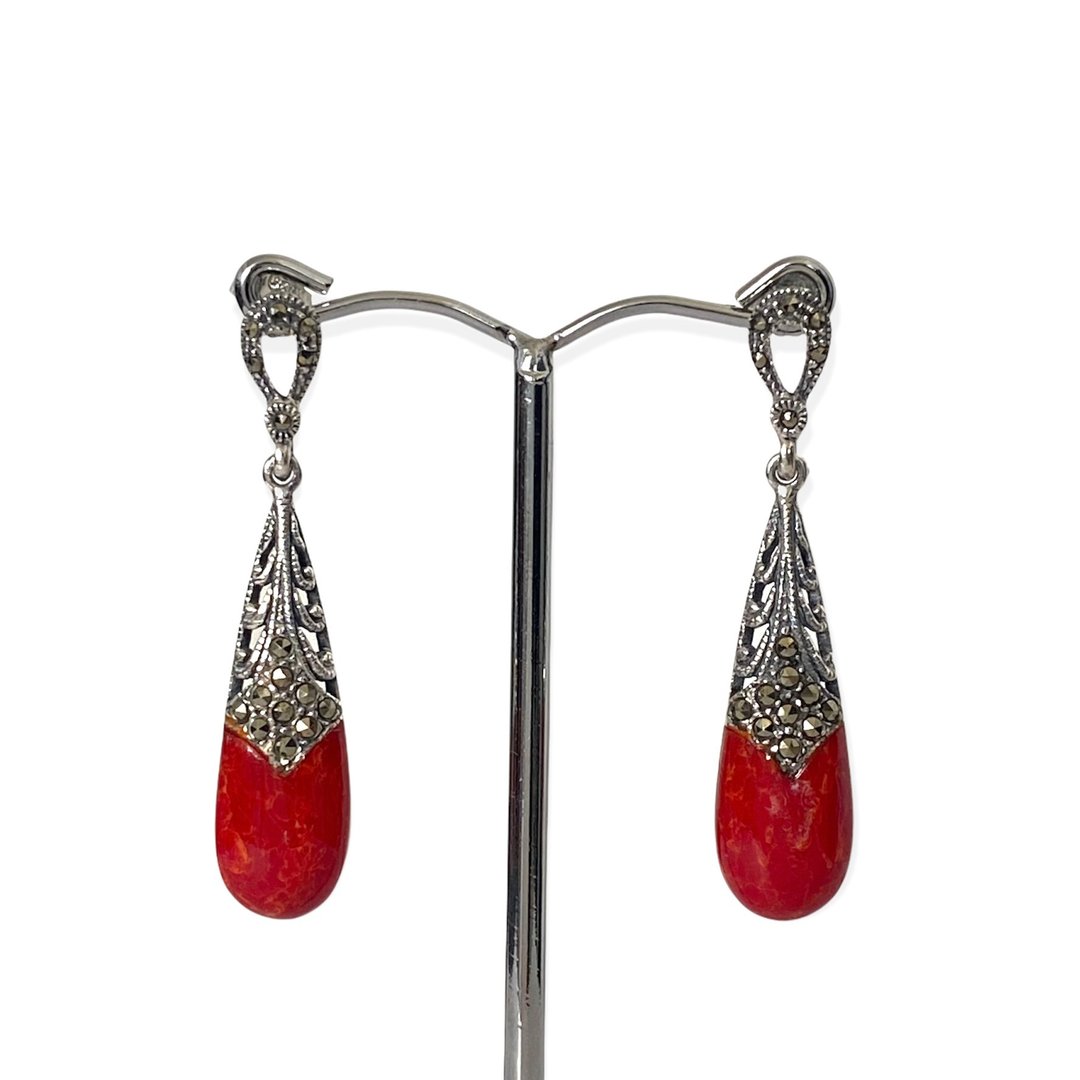 Art Deco Style Teardrop Red Coral and Marcasite Earrings/Set 925 Sterling Silver - 耳环/耳夹 - 纯银 红色