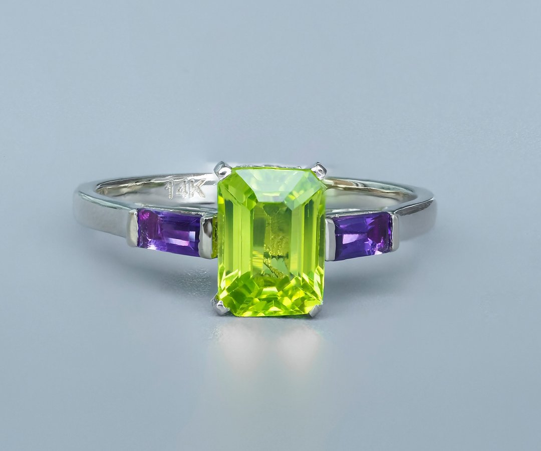 14k gold ring with peridot and amethyst. - 戒指 - 贵金属 金色