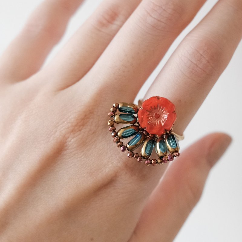 扇形花戒指 - 条纹橘 - 可调式戒围 - 戒指 - 铜/黄铜 红色