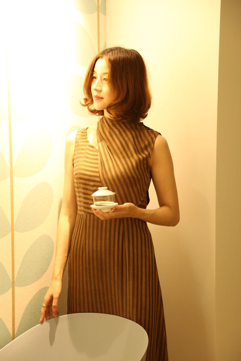 香云纱丝绸礼服长裙交织 - 裙子 - 丝．绢 卡其色