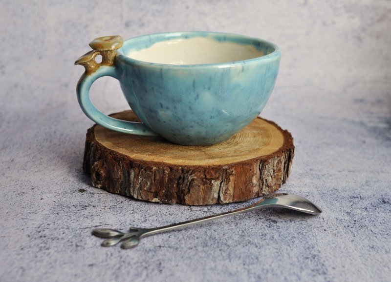 Mushroom mug ceramic 6oz, chanterelle cappuccino cup  180ml, small pottery mug. - 其他杯子 - 陶 蓝色
