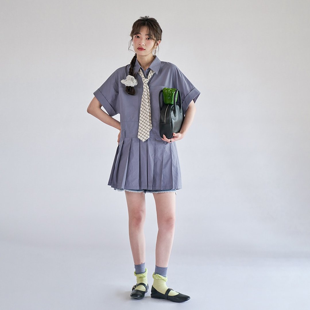 学院风百褶短款连衣裙|洋装|两色|春夏款|Sora-1193 - 洋装/连衣裙 - 棉 多色