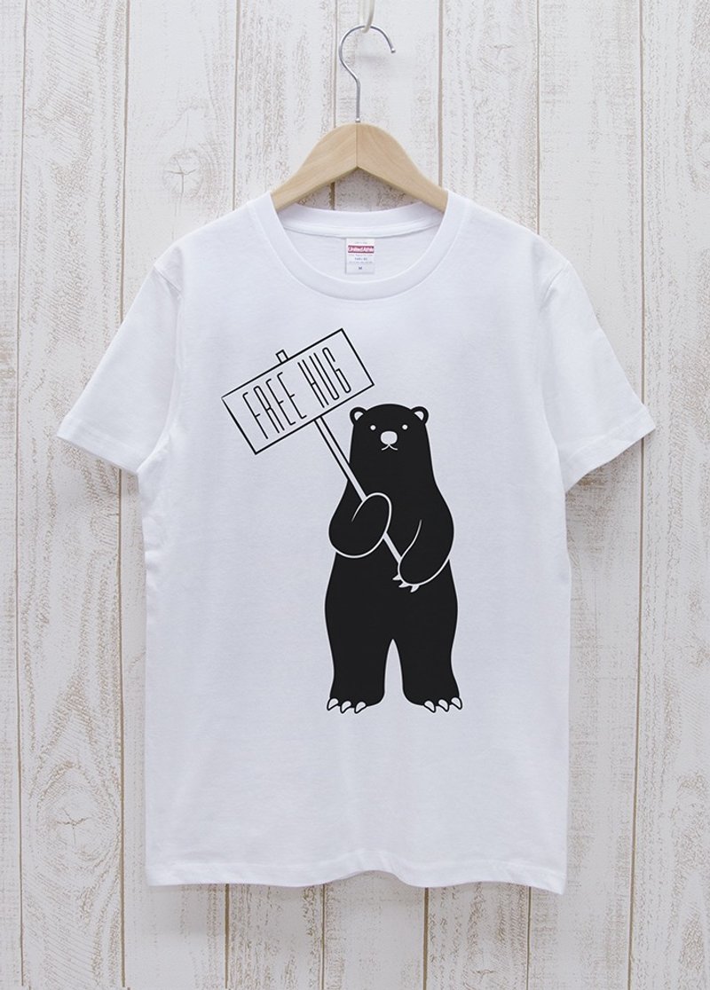 FREE HUG Guide Black Bear White / R012-T-WH - 中性连帽卫衣/T 恤 - 棉 白色