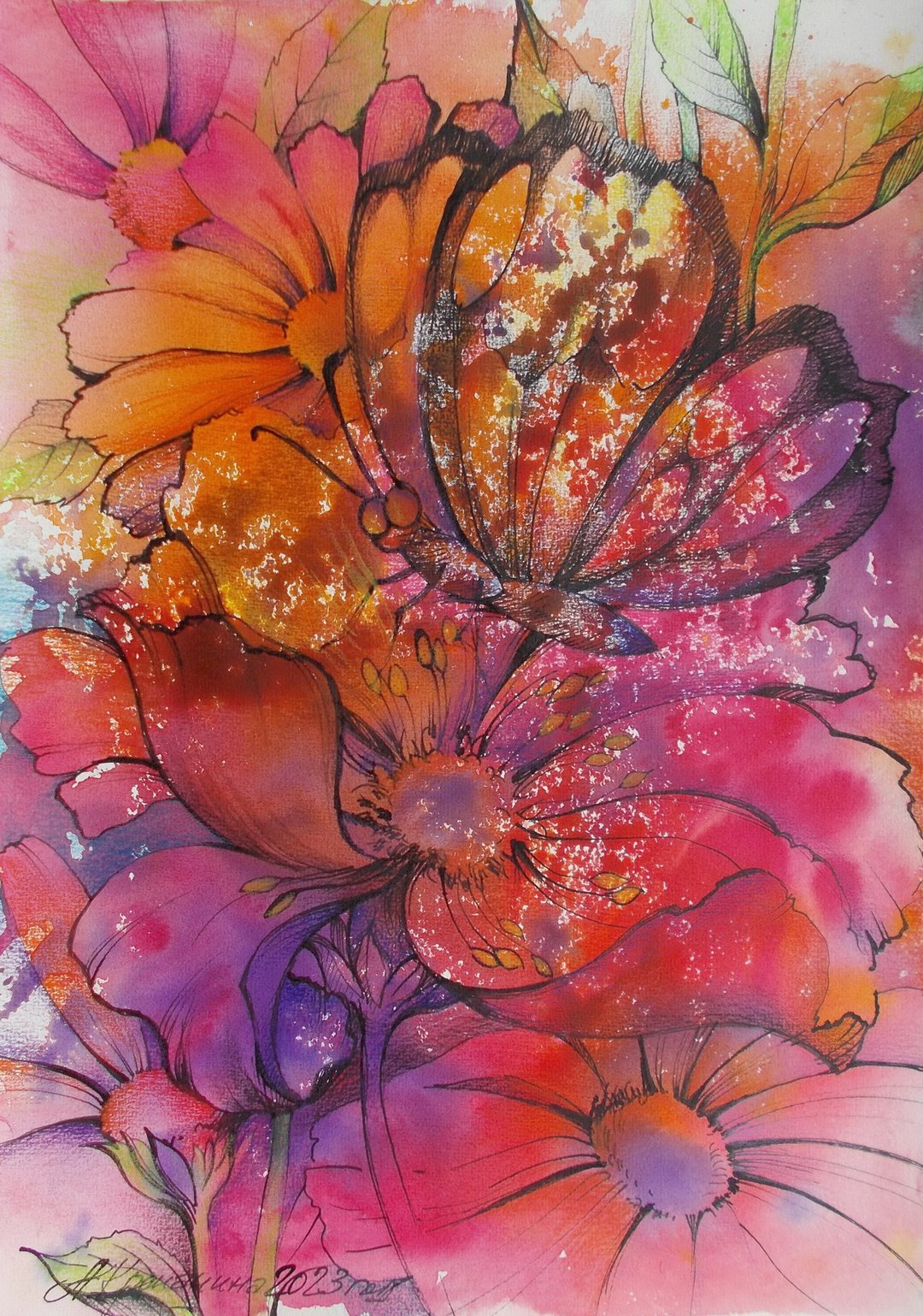 花卉水彩粉红色花朵原创水彩画农舍装饰 - 墙贴/壁贴 - 纸 多色