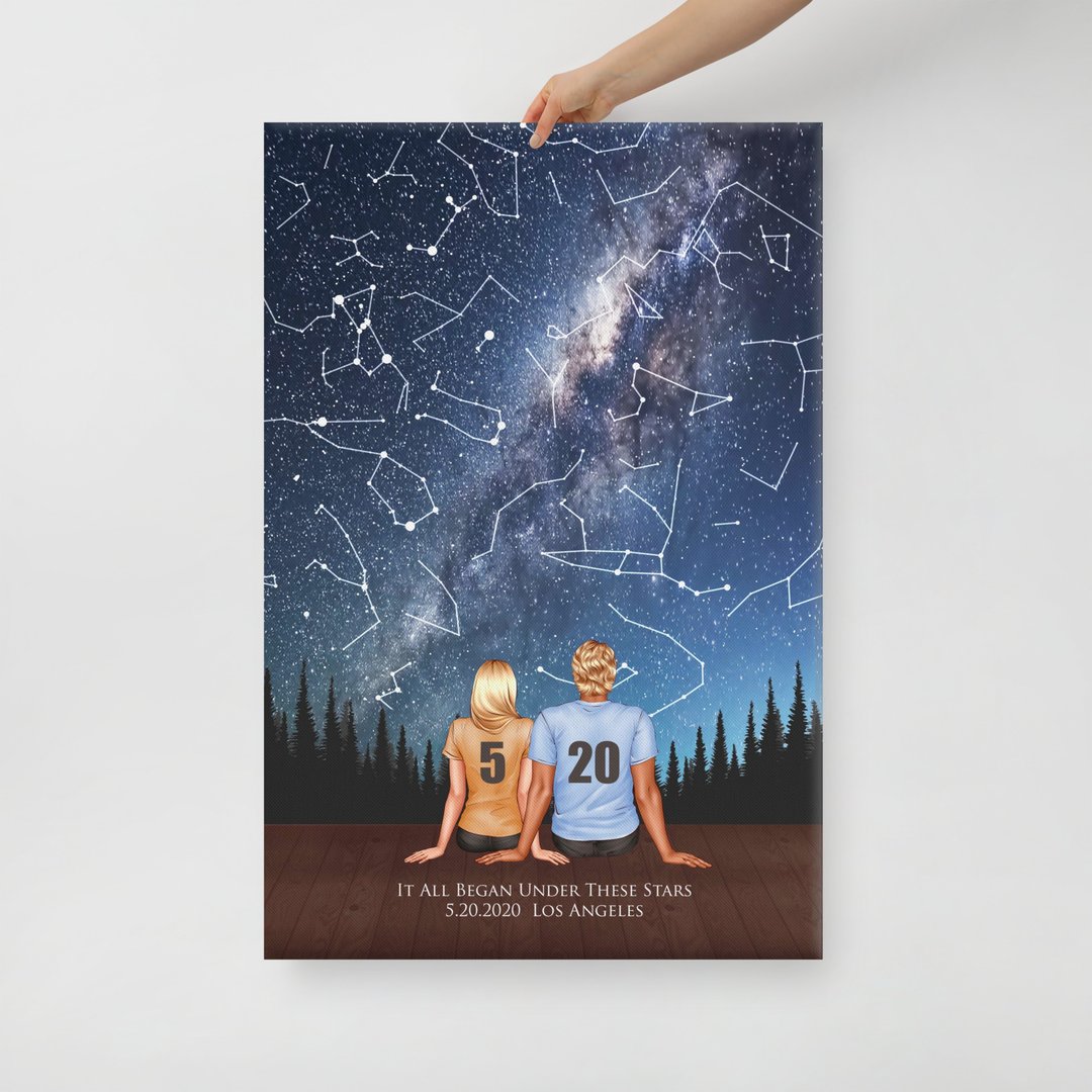 定制化交往纪念日的真实星空 情侣背影画像 双人似颜绘油画无框画 - 订制画像 - 棉 紫色