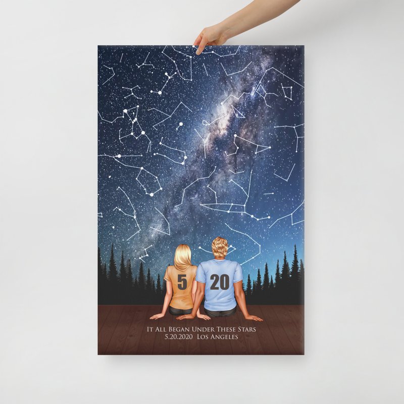 定制化交往纪念日的真实星空 情侣背影画像 双人似颜绘油画无框画 - 订制画像 - 棉．麻 紫色