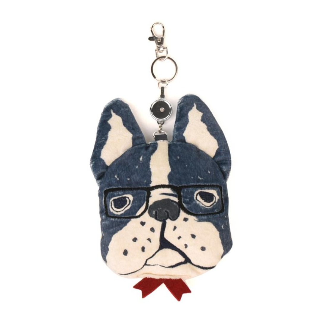 Kusuguru Japan 票卡夹 刺绣绒毛立体斗牛犬造型 伸缩卷线票卡包 - 零钱包 - 聚酯纤维 蓝色