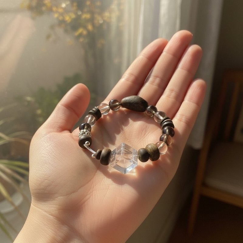 棋楠沉香水晶设计款 - 手链/手环 - 木头 咖啡色