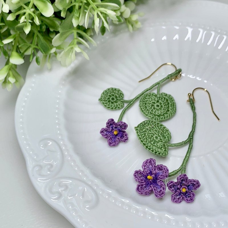 Violet • 紫罗兰 深紫色 钩花编织 耳环 耳针 耳夹 共4色 客订制 - 耳环/耳夹 - 棉．麻 紫色