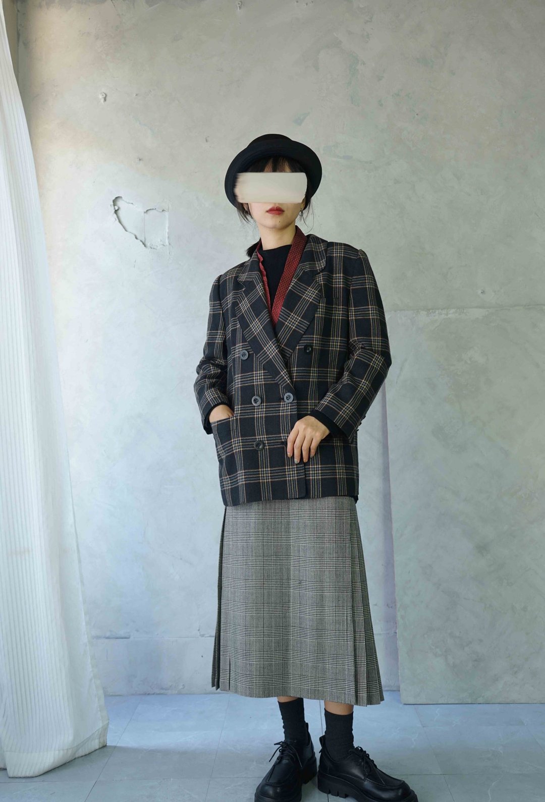 寻宝古着-Leilian英伦黑色格纹毛料双排扣西装外套 - 女装西装外套/风衣 - 羊毛 黑色