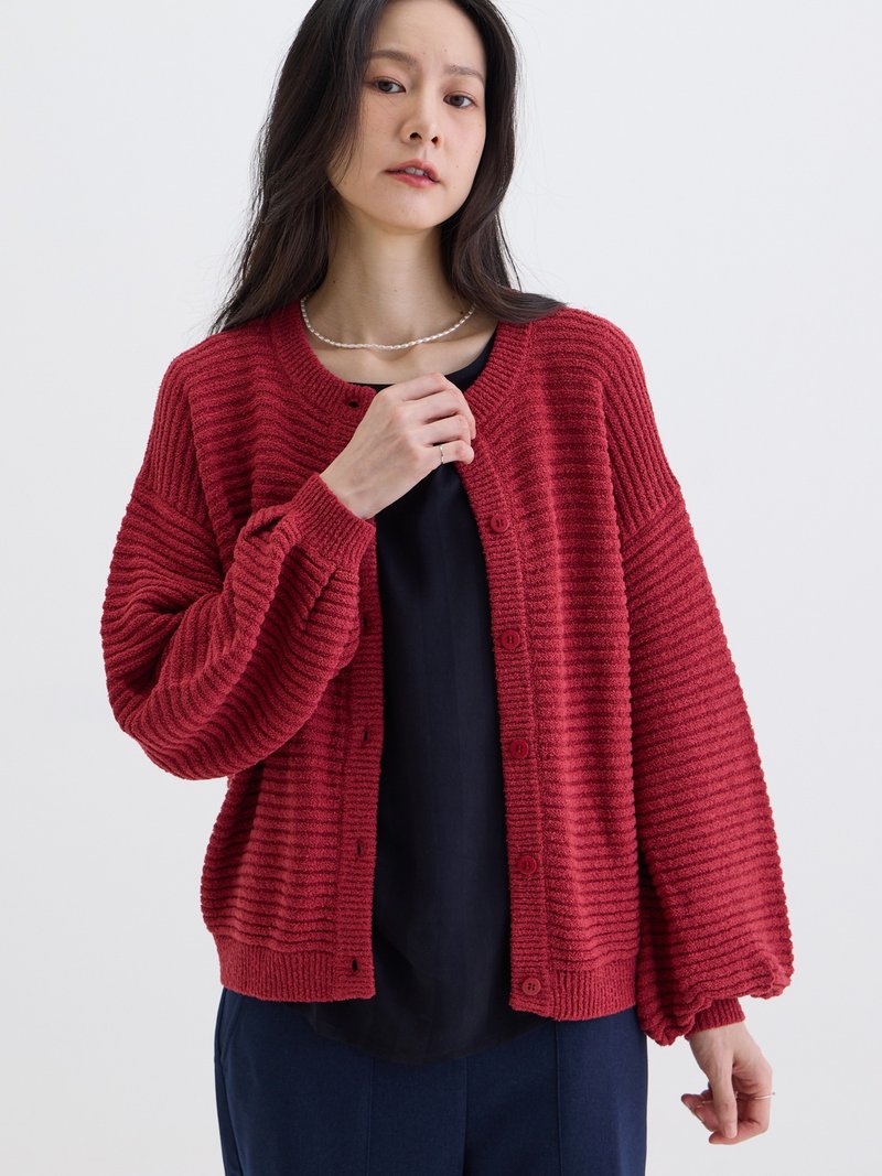 陪你散步泡芙袖针织外套-红茶 - 女装针织衫/毛衣 - 其他人造纤维 红色
