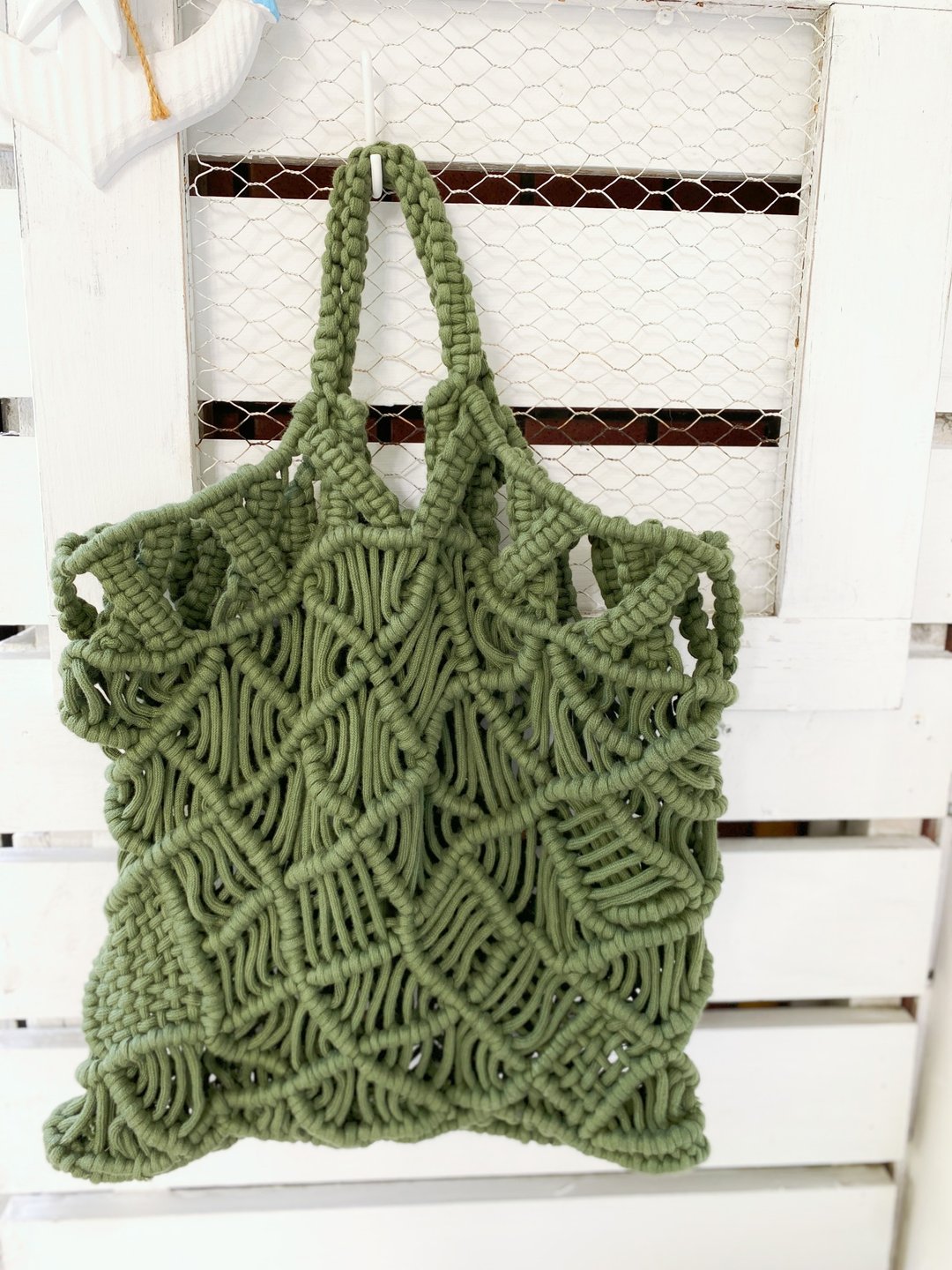 【好日手作】Handmade。夏日手工韩国棉线编织军绿色手提包 - 手提包/手提袋 - 棉 绿色