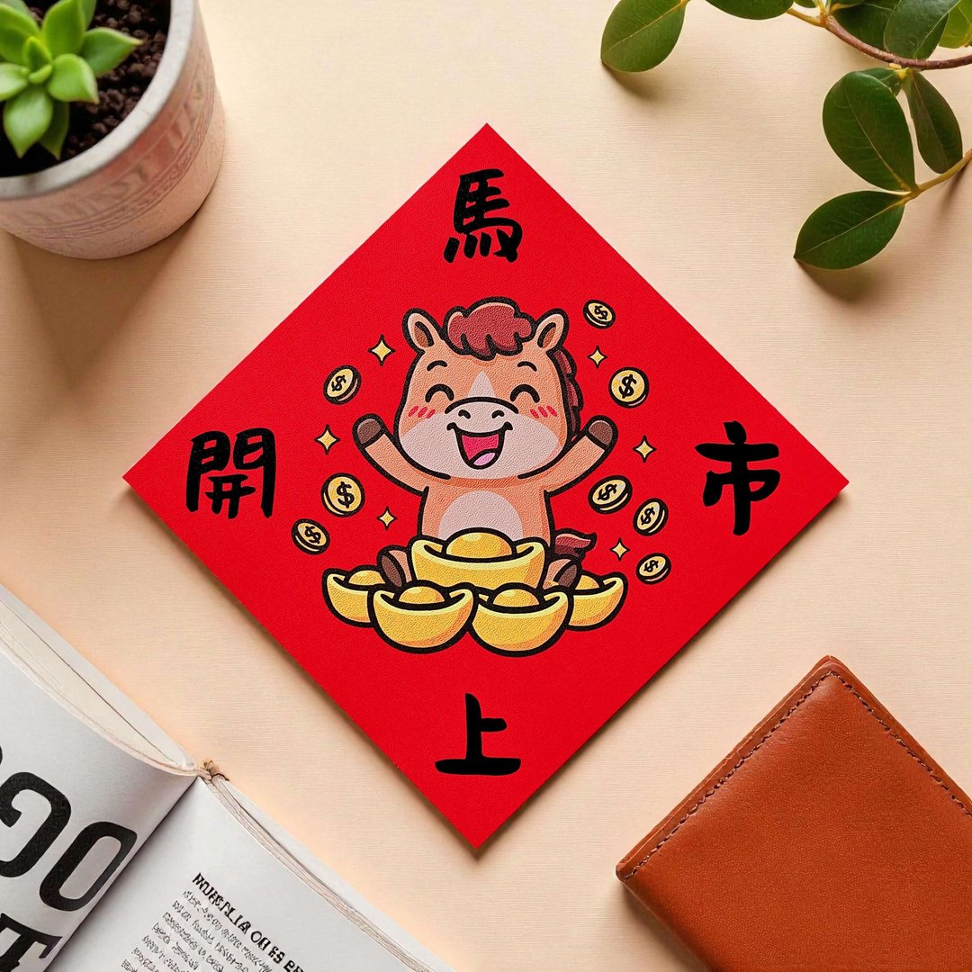 马上开市 2026 原创插画 马年春联 套装对联 方型 - 红包/春联 - 纸 