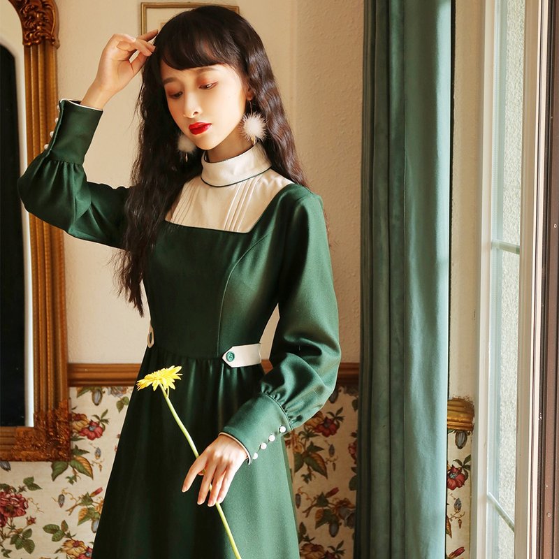 秋冬新款连身裙长袖收腰显瘦气质打底裙撞色日系风连衣裙洋装9937 - 洋装/连衣裙 - 其他材质 