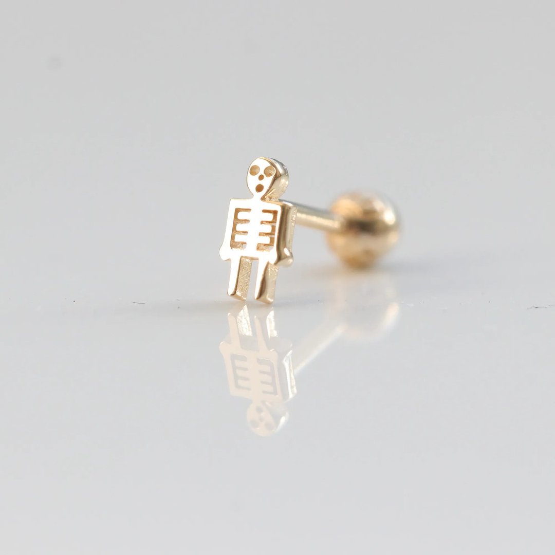 14K 金骷髅锁珠耳环(单个) 耳骨 耳窝 碰水洗澡流汗不褪色 - 耳环/耳夹 - 贵金属 金色