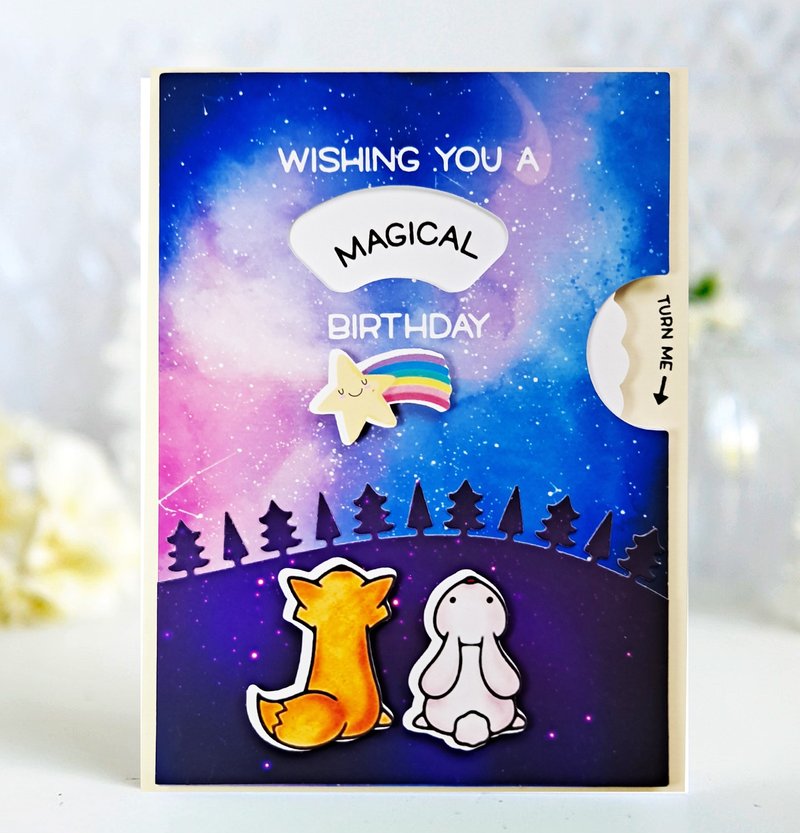 送外国友人可动式转轮卡片/和你一起在星空下许愿/英文生日卡片 - 卡片/明信片 - 纸 黄色