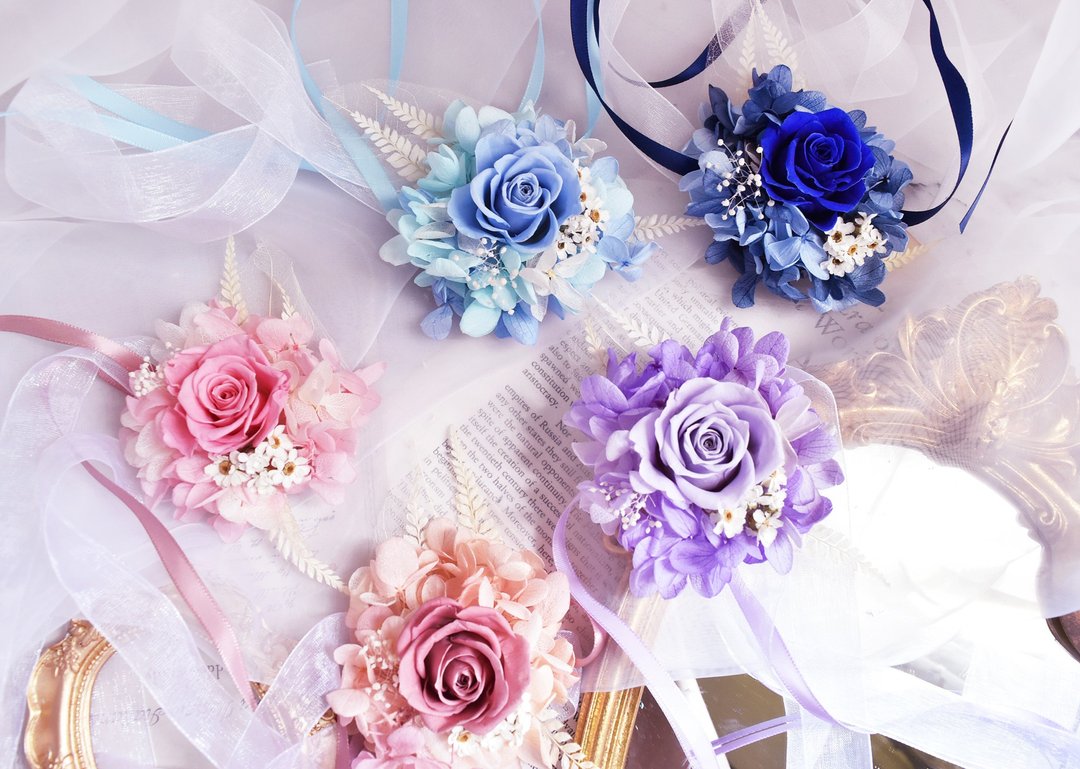 永生玫瑰花手腕花 胸花 永生花 戒指 求婚 伴娘礼物 婚礼 结婚教 - 干燥花/捧花 - 植物．花 