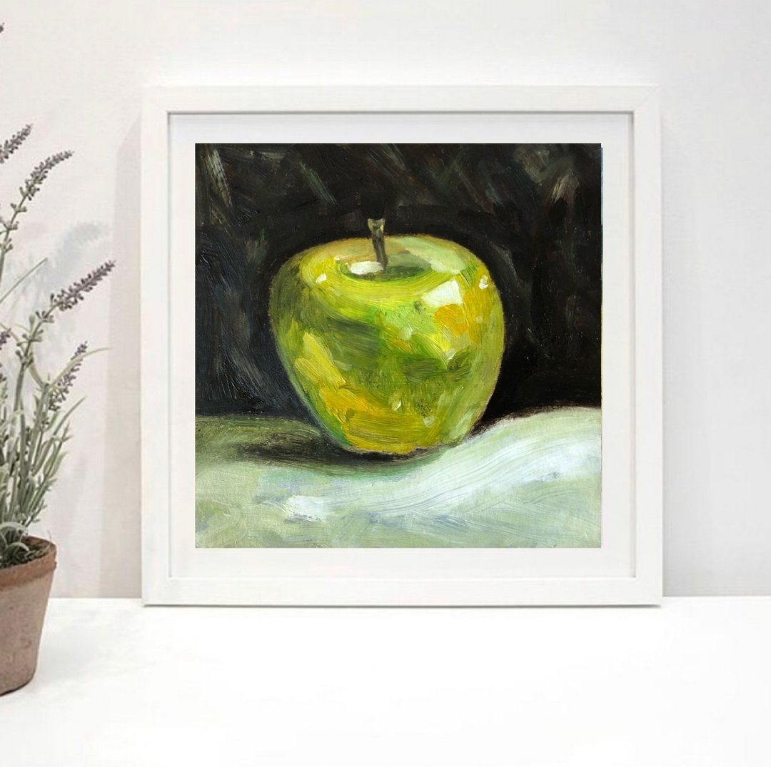 Green Apple Original oil painting wall art hand painted 6 x 6 inches - 墙贴/壁贴 - 其他材质 绿色