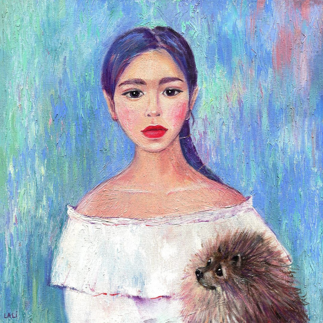 原创油画 女孩肖像画 斯匹兹宠物肖像 40x40cm - 插画/绘画/写字 - 其他材质 蓝色