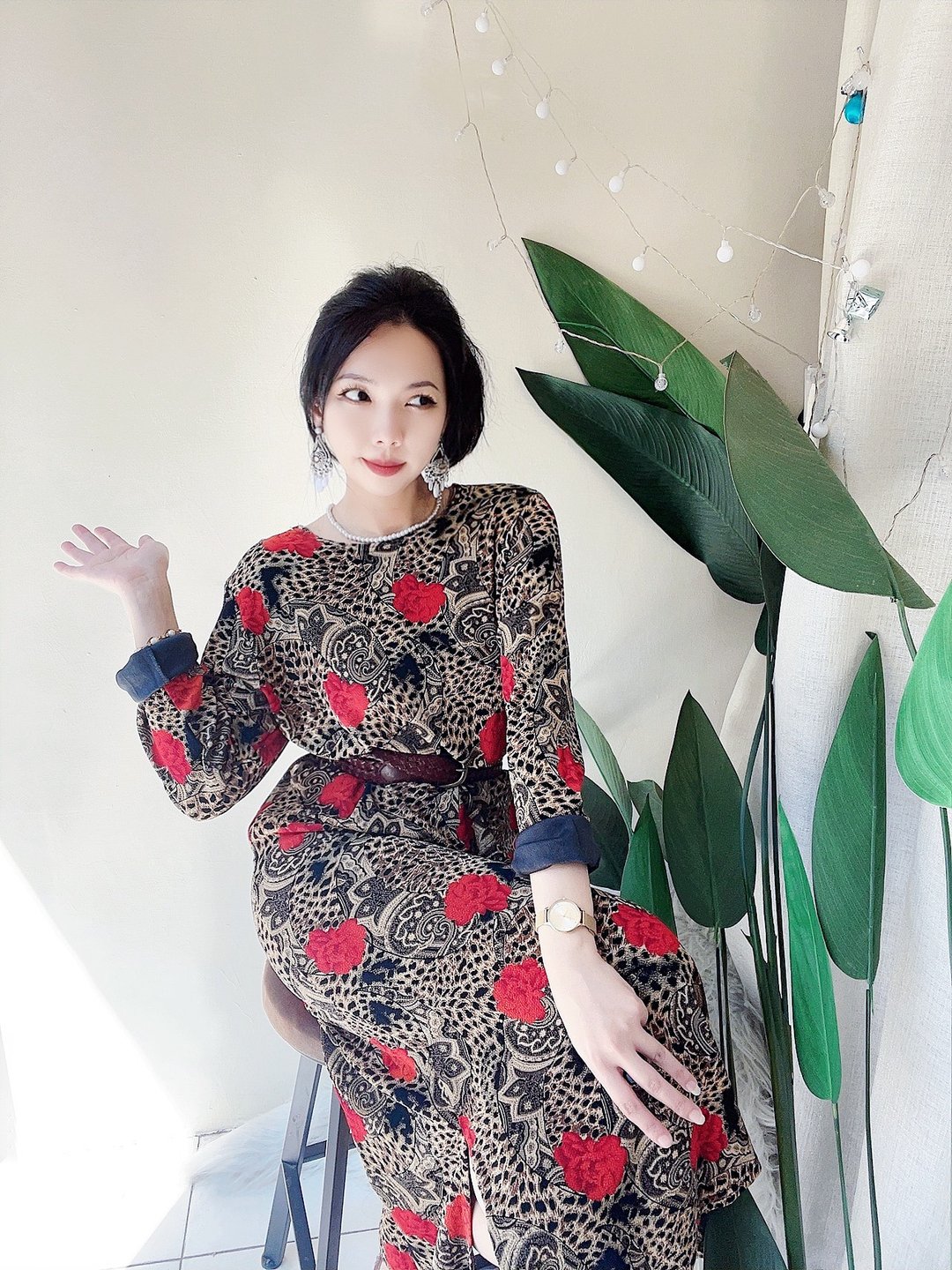 豹纹花卉恋日满版图纹 古着弹性洋装连衣裙连身裙 vintage dress - 洋装/连衣裙 - 聚酯纤维 多色
