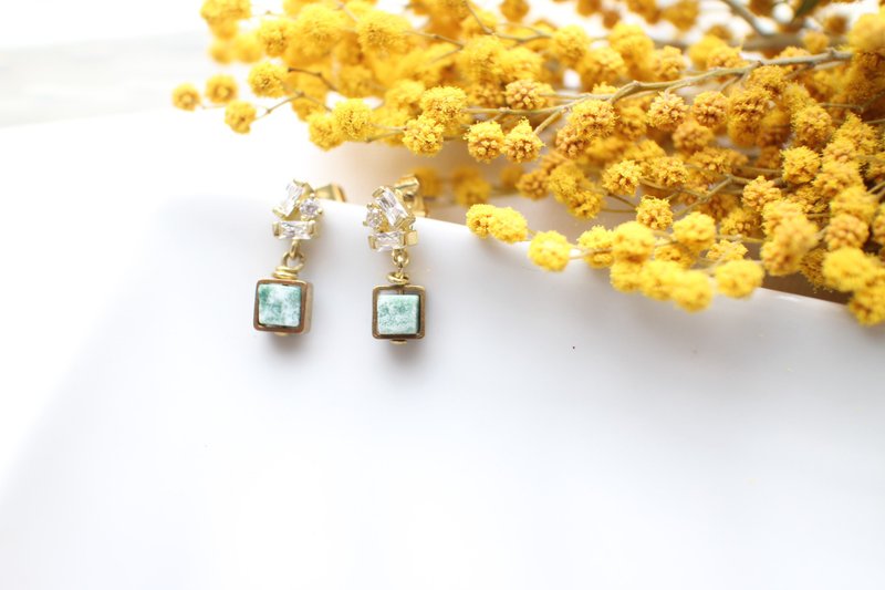 春日-锆石 水草玛瑙 黄铜耳环-针式 夹式 - 耳环/耳夹 - 其他金属 