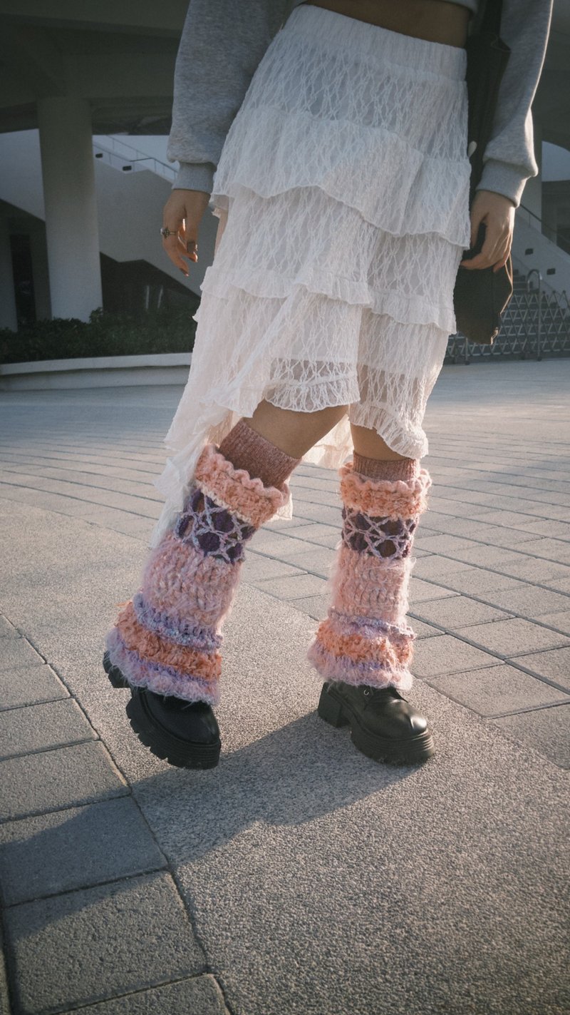 花泡泡腿套 手混线钩织款原创设计 - 袜子 - 羊毛 粉红色