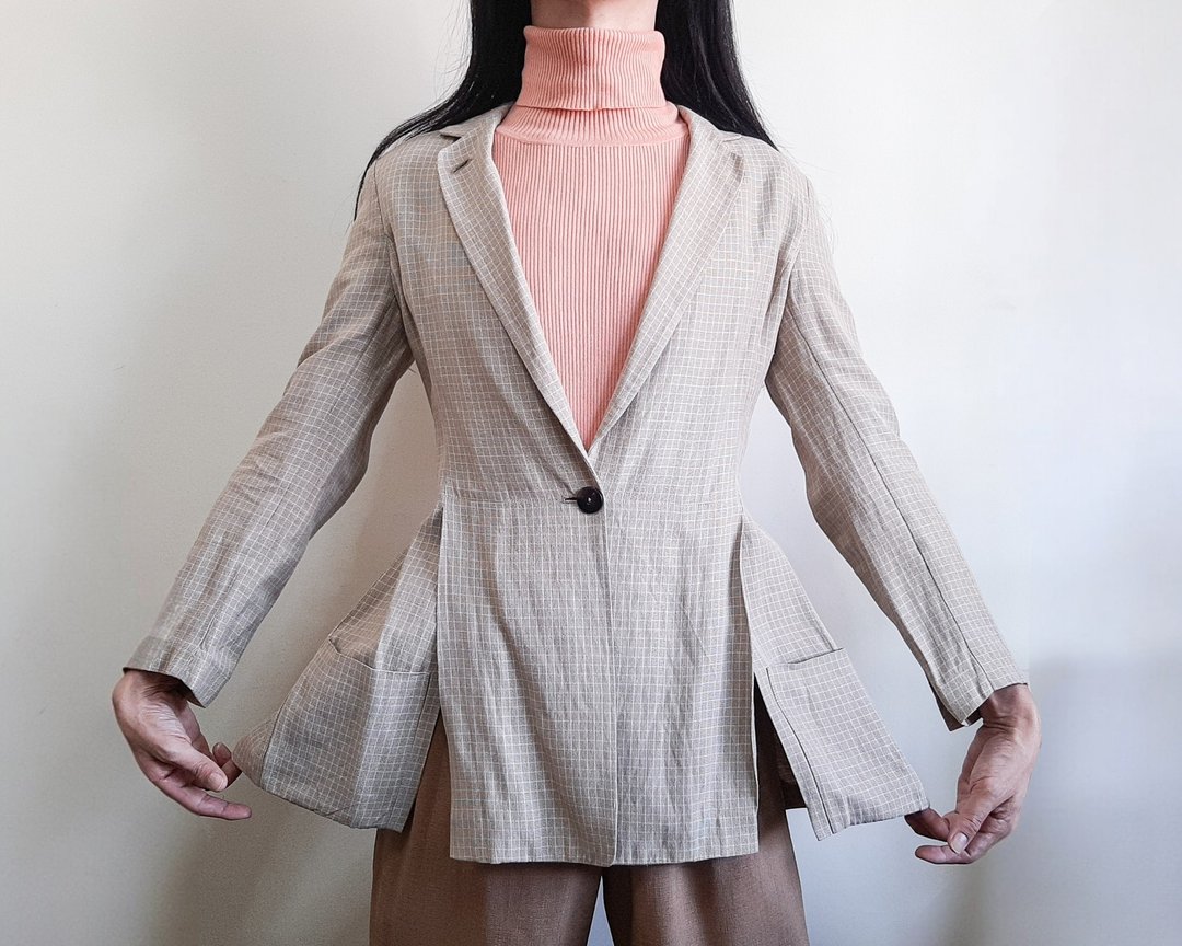 复古 ERREUNO Milano 亚麻羊毛西装外套 意大利格纹 侧边高开衩 - 女装休闲/机能外套 - 亚麻 卡其色