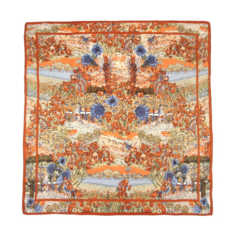 【蛋植物古着】暖阳印象派花园印花古着丝巾 - 丝巾 - 丝．绢 橘色
