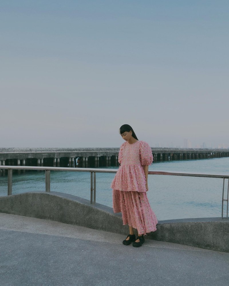 衬衫+裙子套装网状蝴蝶结覆盖棉质面料，花痴 - 其他 - 棉．麻 粉红色